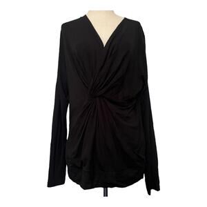 Kenar Faux Wrap Knit Womens Top Size Large Black V-Neck Knot Front Long Sleeve